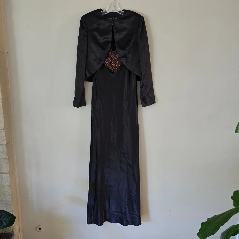 Alex Evenings Womens 2 Pc Set Beaded Maxi Dress and‎ Bolero Brown Size 8 Y2K